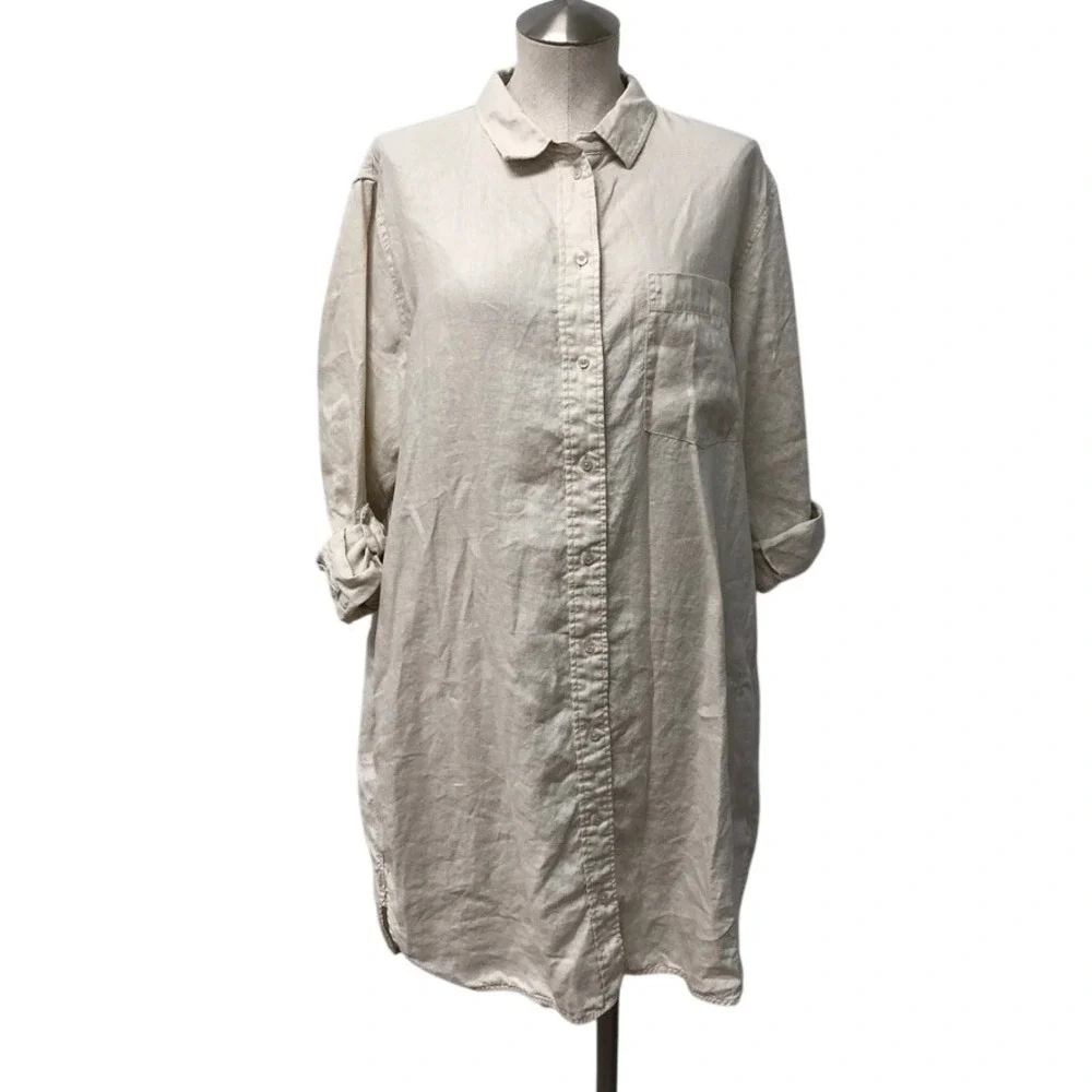 Quince Shirt Dress Womens L Sand 100% European Linen Button Front Long Sleeve